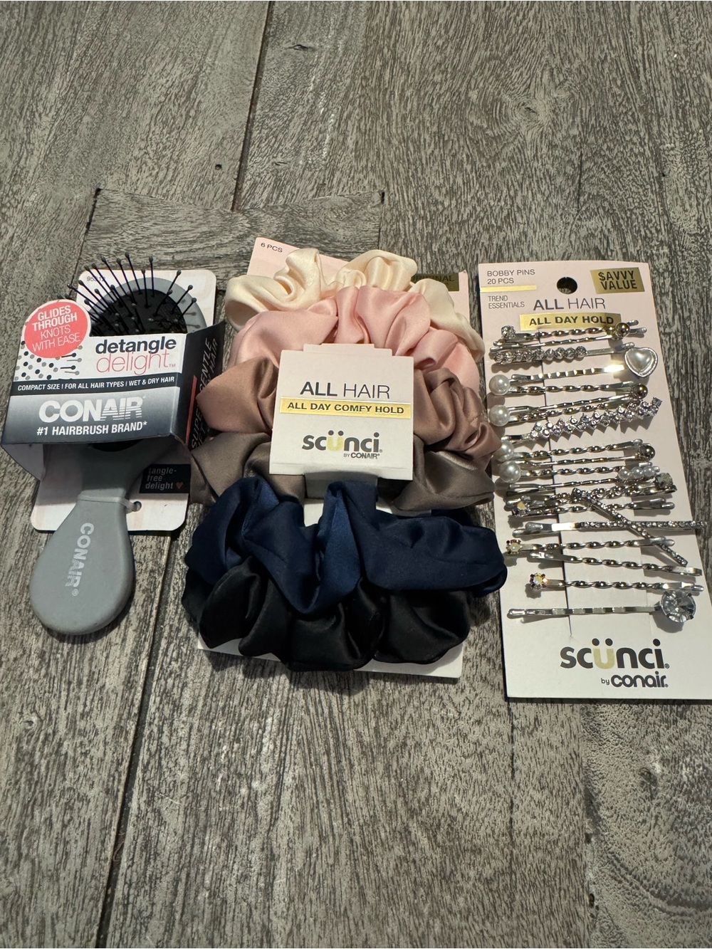 Satin Scrunchie Set, decorative hair pins , and mini detangler brush - bundle
